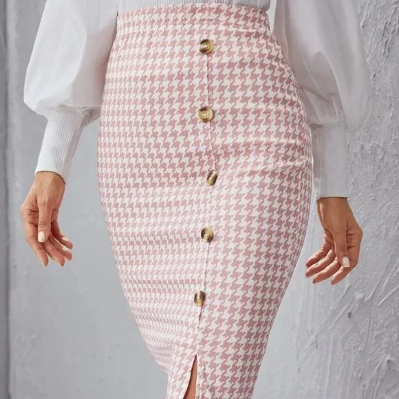 Button Detailed Houndstooth Print Midi Skirt - pink - Picture 5 of 6